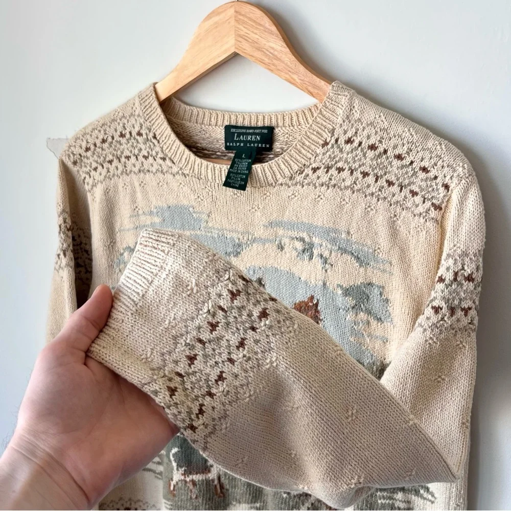 Vintage Ralph Lauren Equestrian Fox Hunt Sweater Size L Handknit Tapestry Horse - Picture 7 of 13